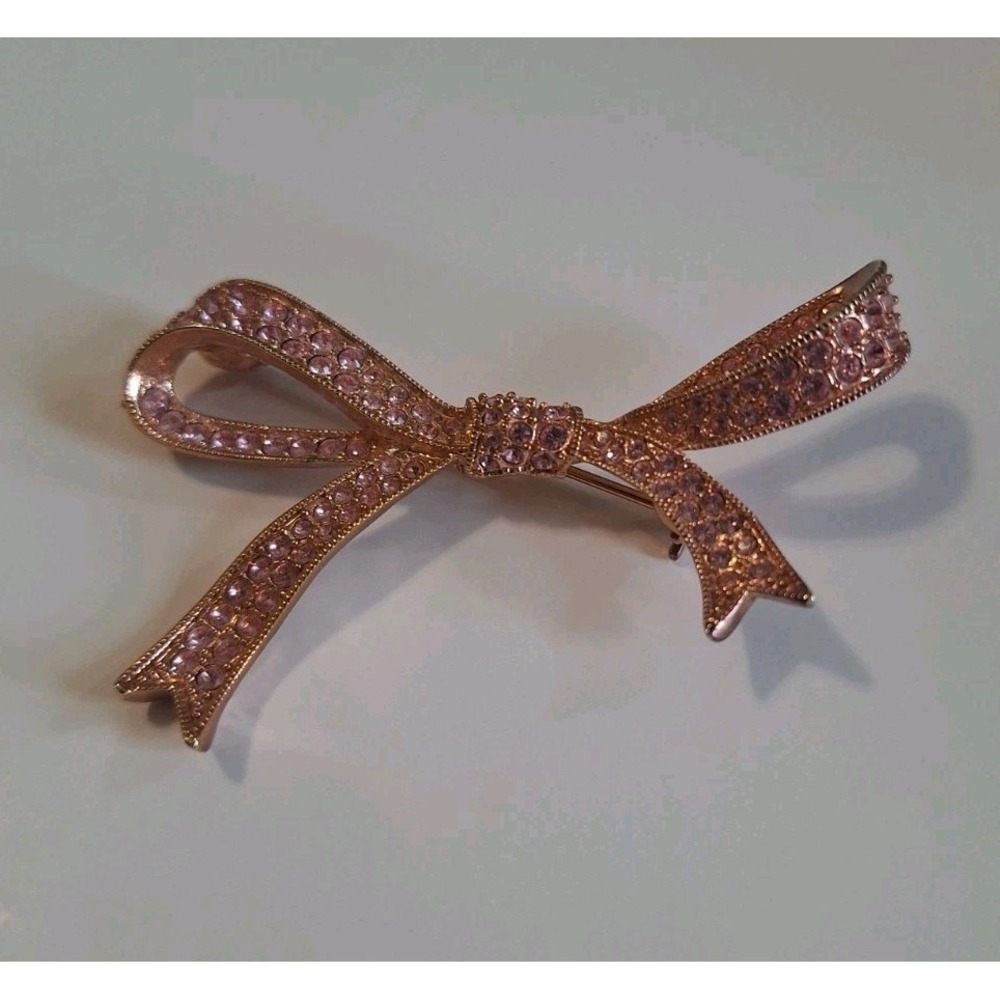 Kenneth Jay Lane Brooch KJL Pink Rhinestone Ribbon Bow Vintage 2.5"  Pin